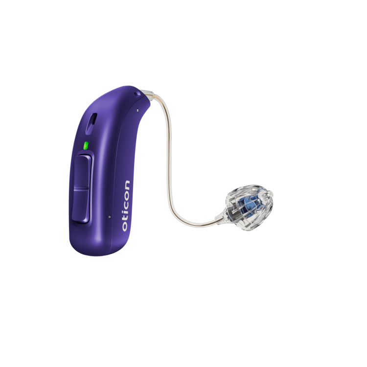 Oticon_Play_PX_miniRITE_R_Left_C045Purple_LEDgreen_Speaker60_OpenBassDome_500pctSize Oticon Play PX miniRITE T - Görsel 1